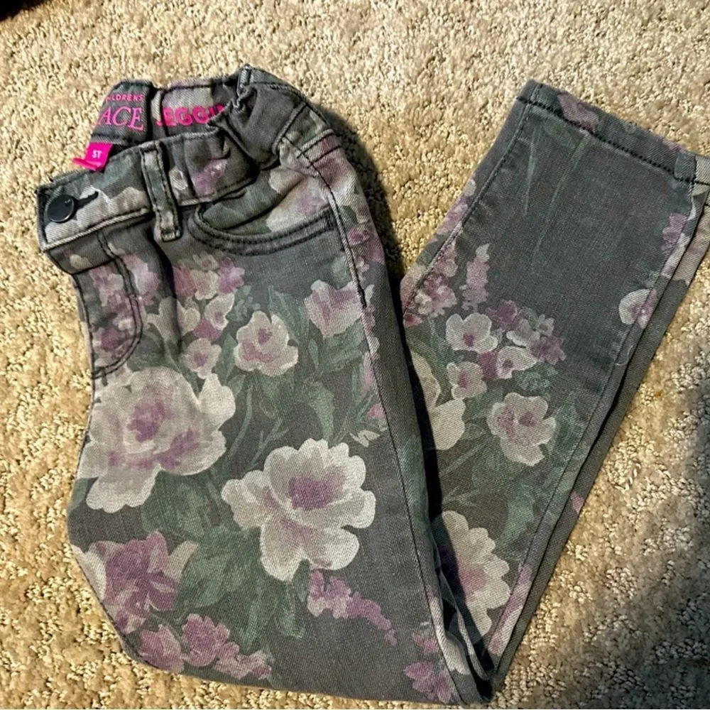 Children’s Place Floral Denim Twill Jeggings | Pink & Green | Girls Size 5T